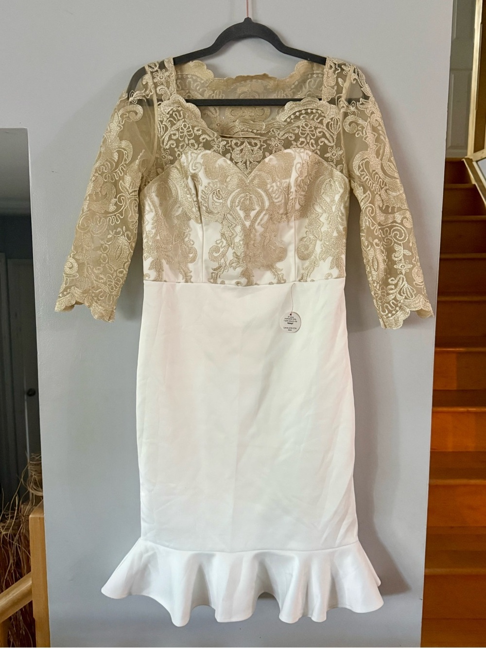 NWT Chi Chi London White Gold Embroidered Lace Peplum Bodycon Midi Dress